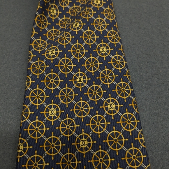 Chanel Paris Captains Wheel Pattern Tie Navy Blue Gold - Picture 4 of 12